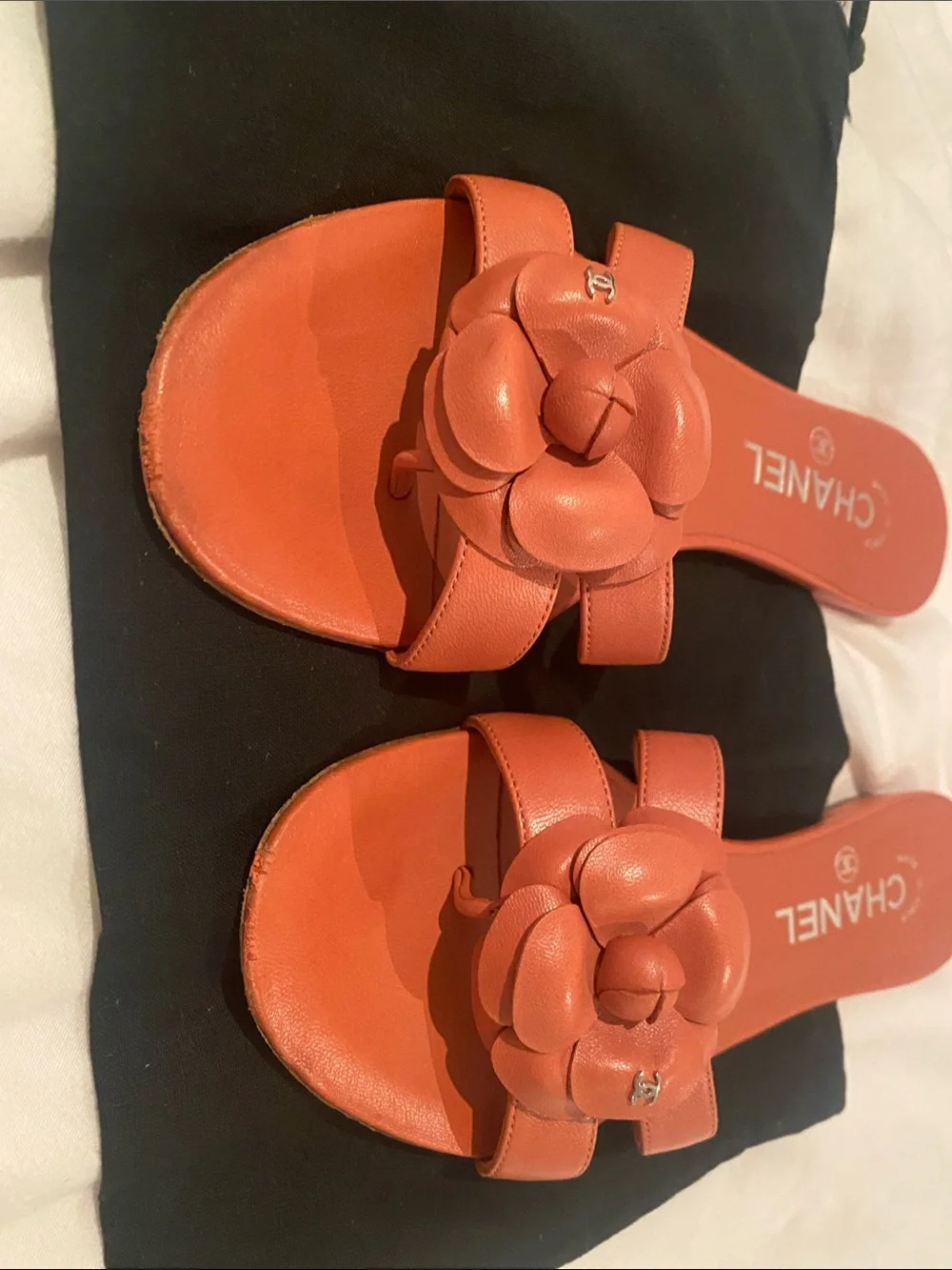 CHANEL Terracotta Camellia Leather Slide Sandals